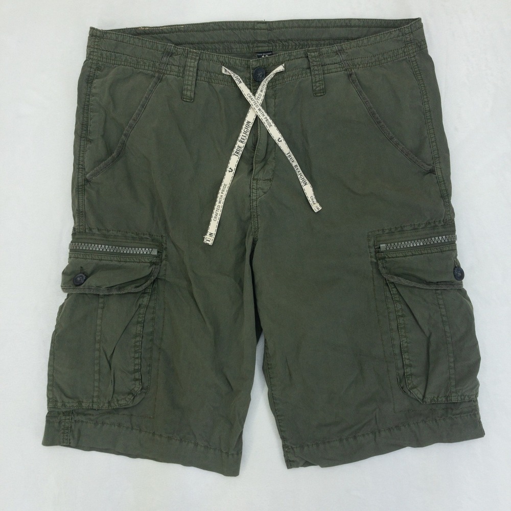 True Religion Terrain Cargo Shorts Mens 36 Olive Green Drawstring Zipper Pockets
